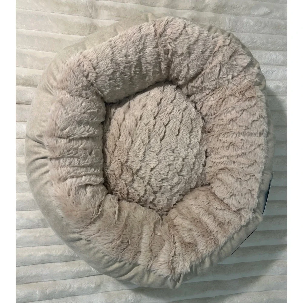 Canine Trends Bagel Pet Bed Tan Faux‎ Fur Bolster Round Small Dog Cat 18in NEW
